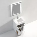 The Hanover 24 inch Bathroom Vanity With Sink features a modern white design with an open drawer and cabinet, wooden organizer, and is set beneath a square backlit mirror on a light gray wall.