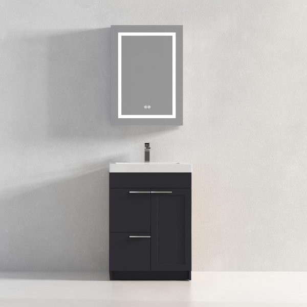 A minimalist bathroom showcases a Hanover 24 inch Bathroom Vanity in Charcoal with a white sink and silver faucet. A rectangular, backlit mirror is elegantly mounted on the light gray wall, adding a simple and contemporary touch.