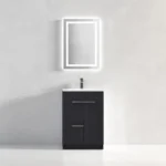 The Hanover 24 inch Bathroom Vanity With Sink showcases a sleek dark cabinet, a white countertop, and a single faucet, complemented by a rectangular illuminated mirror on a light-colored wall.