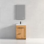 A minimalist bathroom features the Hanover 24 inch Bathroom Vanity With Sink, which has a light wood cabinet, white countertop, black faucet, and a large rectangular mirror on a plain light gray wall.