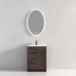 The Hanover 24 inch Bathroom Vanity With Sink showcases a sleek dark wood cabinet, white countertop, and single faucet. A backlit oval mirror above enhances the space, bringing modern style and elegance to your bathroom.