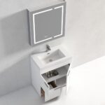 The Hanover 30 inch Bathroom Vanity With Sink showcases an open cabinet and drawer, a white sink, and a gray mirrored wall cabinet with LED lights, with all toiletries neatly organized inside.