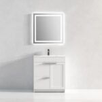 The Hanover 30 inch Bathroom Vanity With Sink offers a sleek faucet and cabinet, topped with a square backlit mirror on a plain light gray wall, creating a clean, minimalist look.