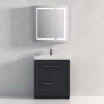 The Hanover 30 inch Bathroom Vanity With Sink has a dark cabinet, white countertop, and rectangular sink, placed under a wall-mounted mirrored cabinet with LED lights, set against a plain light gray wall.