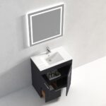 The Hanover 30 inch Bathroom Vanity With Sink includes a modern white sink, a sleek black cabinet with open doors revealing shelves, storage drawer, and a rectangular illuminated mirror above.