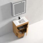 The Hanover 30 inch Bathroom Vanity With Sink has a white basin, wooden cabinet, black faucet, and open doors showing shelves and drawers. A wall-mounted mirror with a gray frame and white accents completes the modern look.