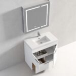 The Hanover 36 inch Bathroom Vanity With Sink includes a modern white basin, grey mirrored cabinet above, and open drawers and doors for toiletry storage, all in sleek neutral tones for a minimalist look.