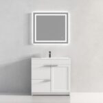 The Hanover 36 inch Bathroom Vanity With Sink showcases a rectangular basin and cabinet set against a light gray wall, complemented by a large, backlit rectangular mirror.