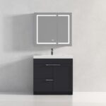 The Hanover 36 inch Bathroom Vanity With Sink has a dark cabinet, white countertop, and single sink, complemented by a wall-mounted mirrored medicine cabinet with built-in LED lighting on a light gray wall.
