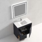 The Hanover 36 inch Bathroom Vanity With Sink has a rectangular basin, dark cabinet, open drawers, and shelf for toiletries, with a square backlit mirror mounted above it on a light-colored wall.