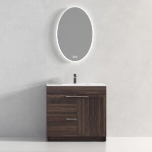 The Hanover 36 inch Bathroom Vanity With Sink includes a dark wood finish, three drawers, a cabinet door, a white countertop, a single faucet, and an oval backlit mirror mounted on a plain light wall.