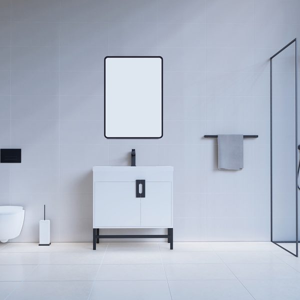 Salento 36" Modern Bathroom Vanity in White with Black Handles