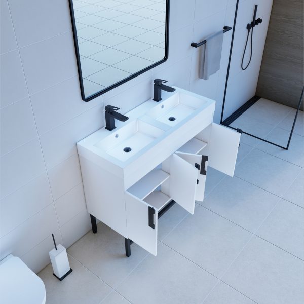 Salento 48" White Bathroom Vanity With Double Sink And Matte Black Hardware