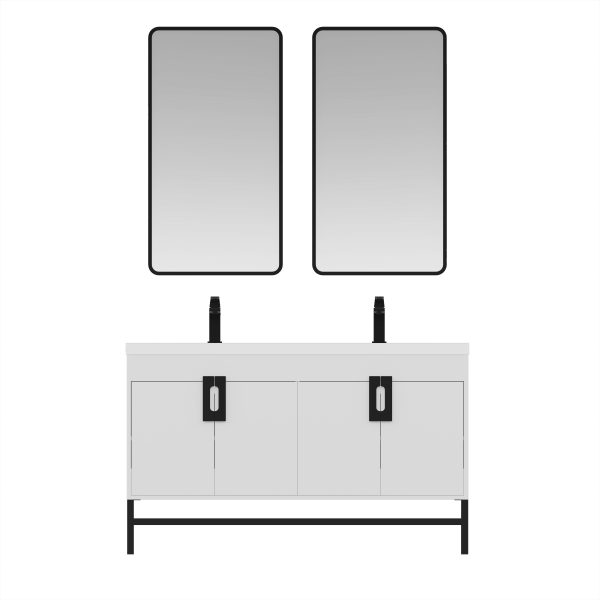 Salento 60" White Bathroom Vanity With Double Sink And Matte Black Hardware