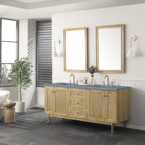 Laurent 72" Double Vanity In Light Natural Oak With Cala BlueTop