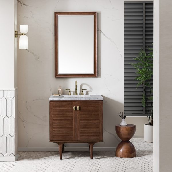 Amberly 30" Bathroom Vanity In Mid-Century Walnut With Carrara Marble Top