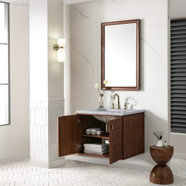 Amberly 30" Bathroom Vanity In Mid-Century Walnut With Carrara Marble Top