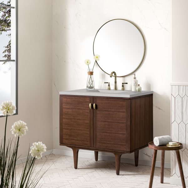 Amberly 36" Bathroom Vanity In Mid-Century Walnut With Eternal Serena Top