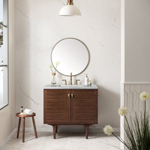 Amberly 36" Bathroom Vanity In Mid-Century Walnut With Arctic Fall Top