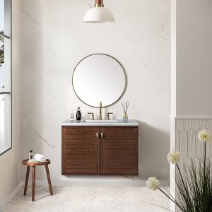 Amberly 36" Bathroom Vanity In Mid-Century Walnut With Arctic Fall Top