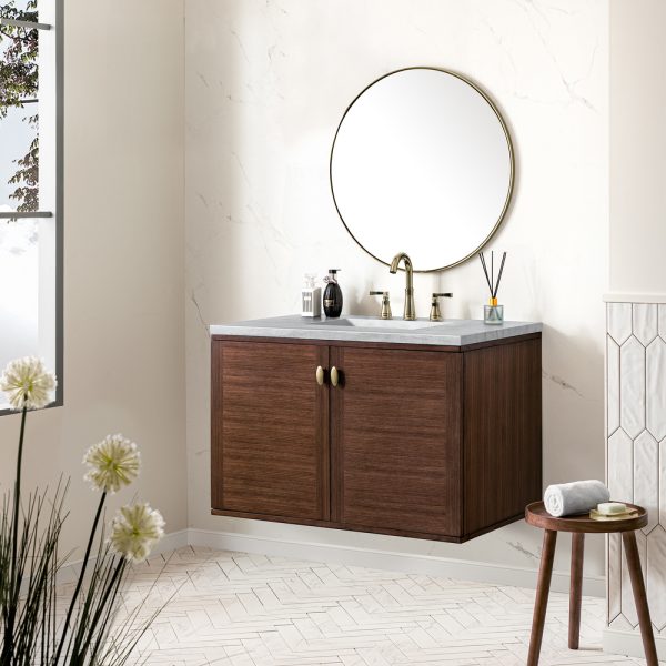 Amberly 36" Bathroom Vanity In Mid-Century Walnut With Arctic Fall Top