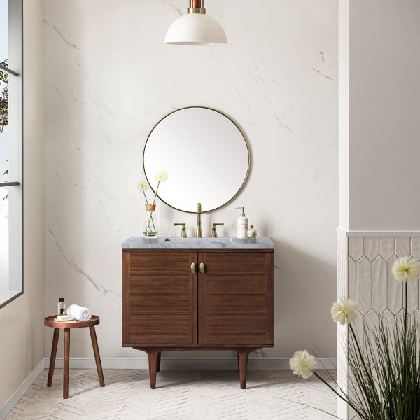 Amberly 36" Bathroom Vanity In Mid-Century Walnut With Carrara Marble Top