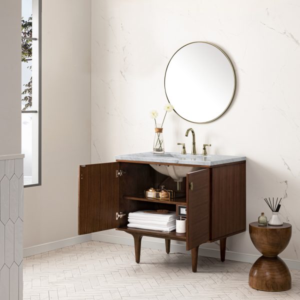 Amberly 36" Bathroom Vanity In Mid-Century Walnut With Carrara Marble Top