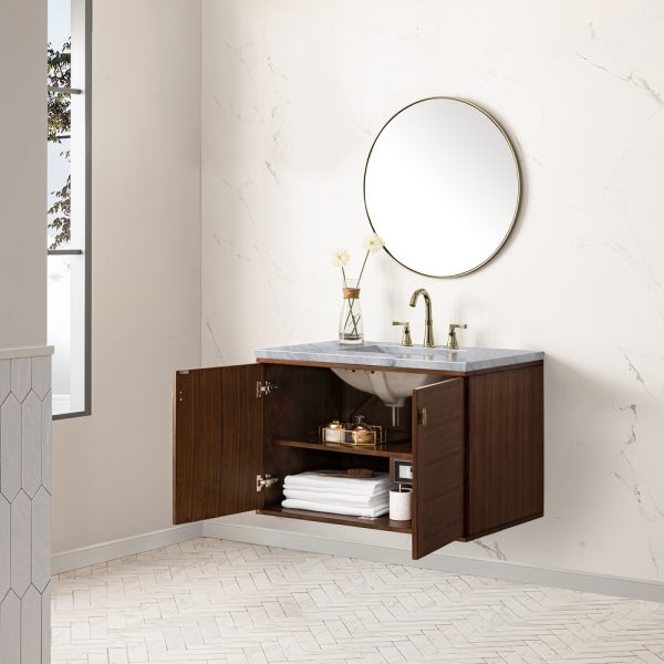 Amberly 36" Bathroom Vanity In Mid-Century Walnut With Carrara Marble Top