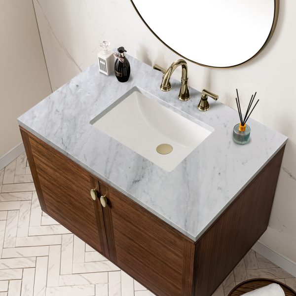 Amberly 36" Bathroom Vanity In Mid-Century Walnut With Carrara Marble Top