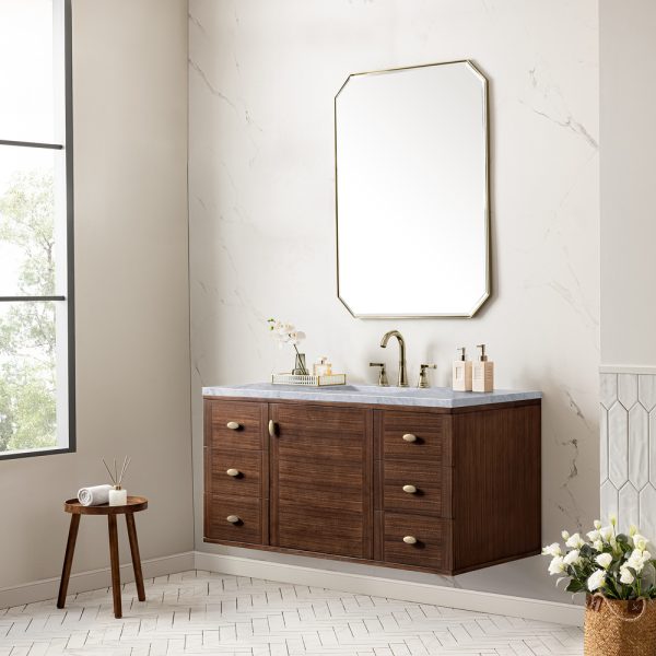 Amberly 48" Single Vanity In Mid-Century Walnut With Carrara Marble Top