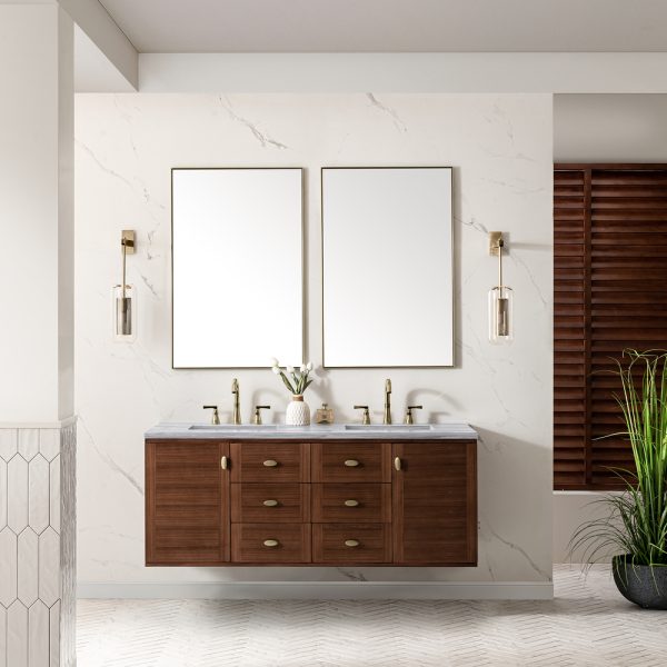 Amberly 60" Double Vanity In Mid-Century Walnut With Arctic Fall Top