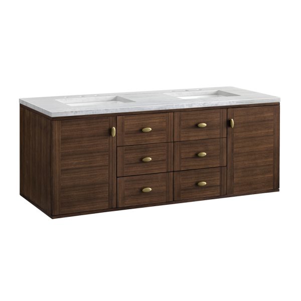 Amberly 60" Double Vanity In Mid-Century Walnut With Arctic Fall Top