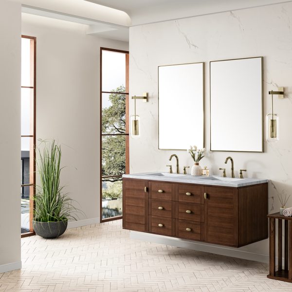 Amberly 60" Double Vanity In Mid-Century Walnut With Arctic Fall Top