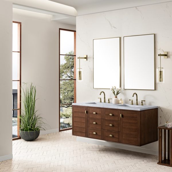 Amberly 60" Double Vanity In Mid-Century Walnut With Carrara Marble Top