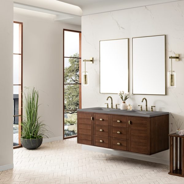 Amberly 60" Double Vanity In Mid-Century Walnut With Grey Expo Top