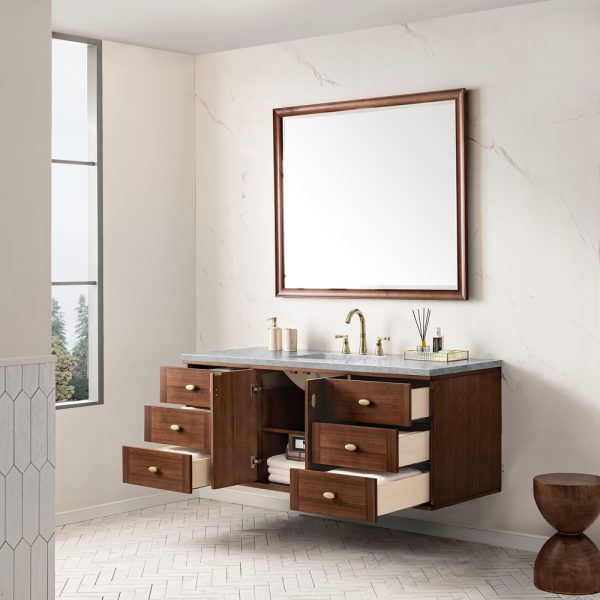 Amberly 60" Single Vanity In Mid-Century Walnut With Carrara Marble Top