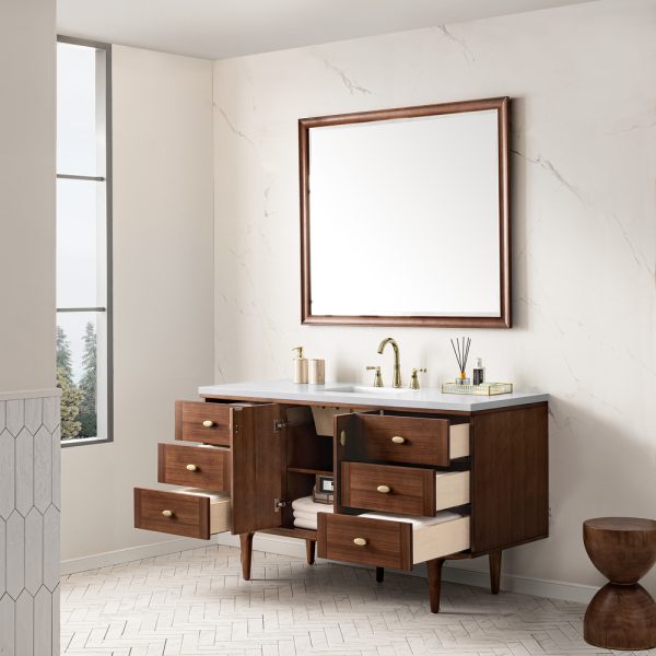 Amberly 60"" Single Vanity In Mid-Century Walnut With White Zeus Top