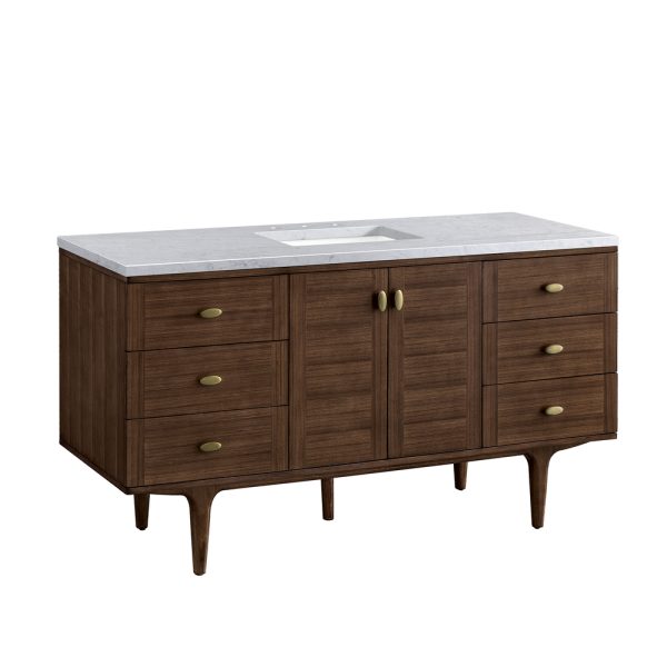 Amberly 60" Single Vanity In Mid-Century Walnut With Carrara Marble Top