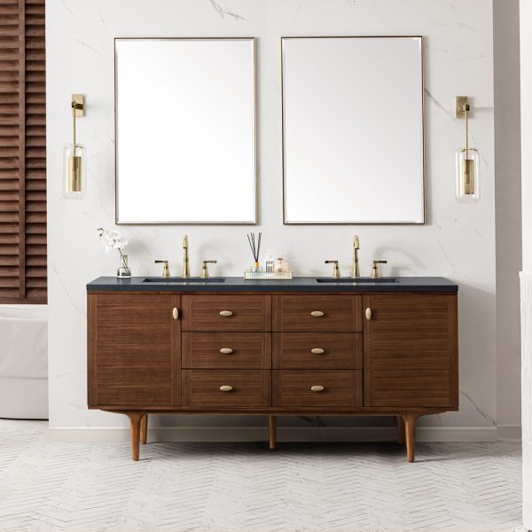 Amberly 72" Double Vanity In Mid-Century Walnut With Charcoal Soapstone Top