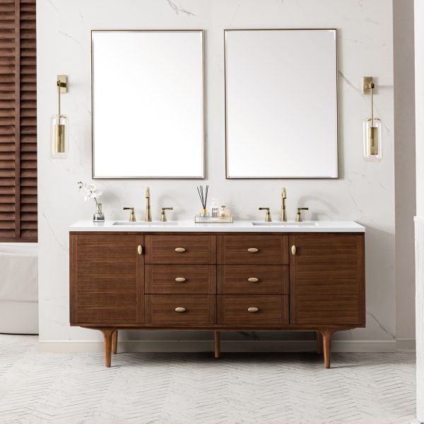 Amberly 72" Double Vanity In Mid-Century Walnut With White Zeus Top