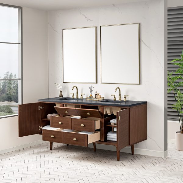 Amberly 72" Double Vanity In Mid-Century Walnut With Charcoal Soapstone Top