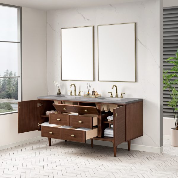 Amberly 72" Double Vanity In Mid-Century Walnut With Eternal Serena Top