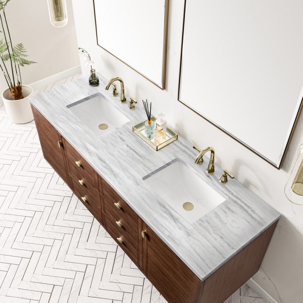 Amberly 72" Double Vanity In Mid-Century Walnut With Arctic Fall Top