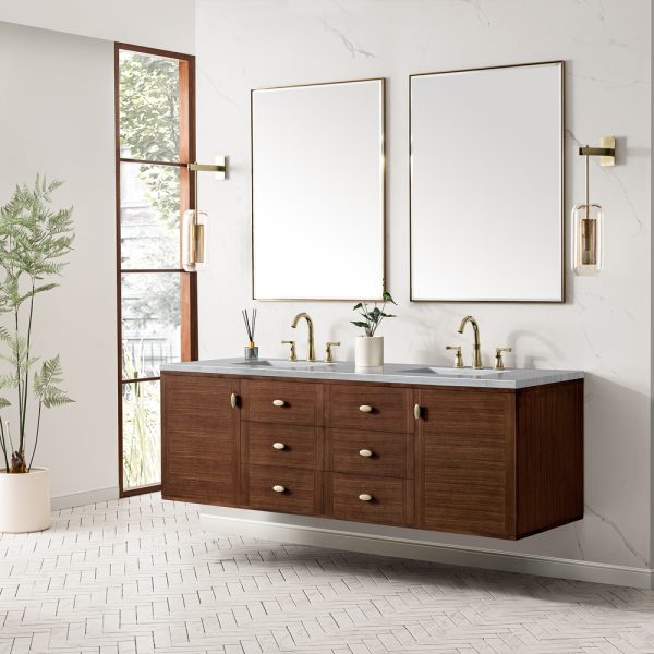 Amberly 72" Double Vanity In Mid-Century Walnut With Arctic Fall Top