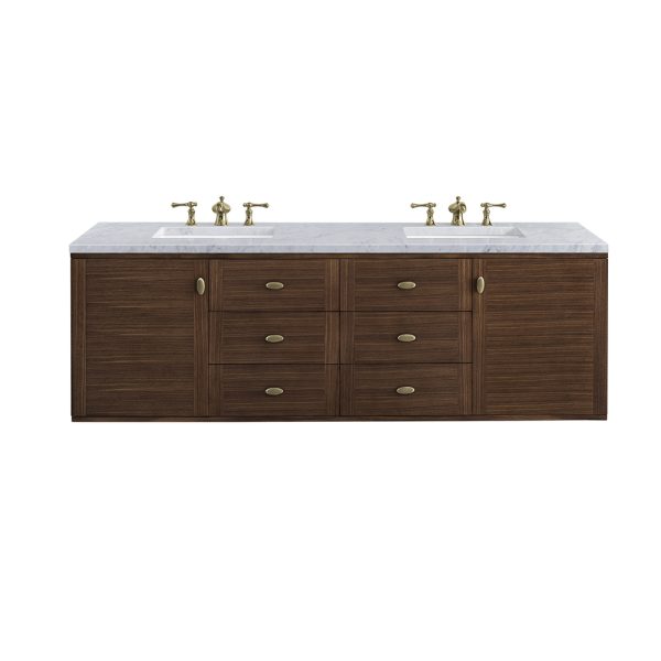 Amberly 72" Double Vanity In Mid-Century Walnut With Carrara Marble Top