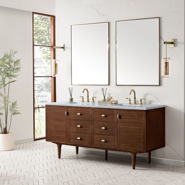 Amberly 72" Double Vanity In Mid-Century Walnut With Carrara Marble Top