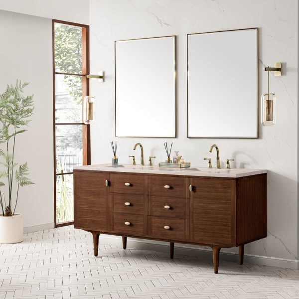 Amberly 72" Double Vanity In Mid-Century Walnut With Eternal Marfil Top