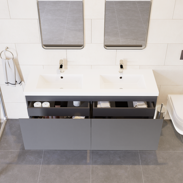 Prato 60" Double Wall Mount Bathroom Vanity In Gray