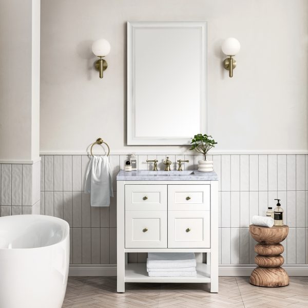 Breckenridge 30" Bathroom Vanity In Bright White With Carrara Marble Top