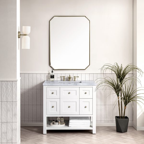 Breckenridge 36" Bathroom Vanity In Bright White With Carrara Marble Top